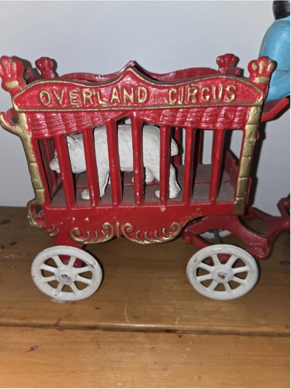Vintage Cast Iron Overland Circus Wagon 2 Horses 3 Men Polar Bear Pull Toy 16
